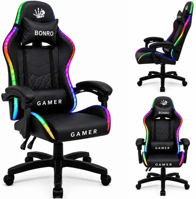 Комп'ютерне крісло Bonro Gamer з LED підсвіткою чорного кольору (B-149)