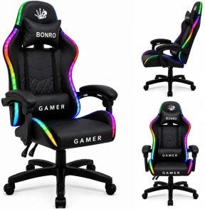 Комп'ютерне крісло Bonro Gamer з LED підсвіткою чорного кольору (B-149)